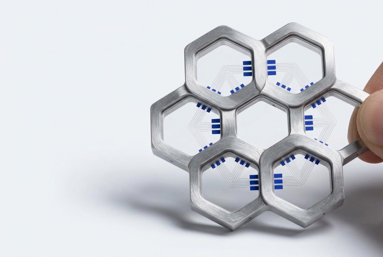 Hexagonal tile array held between two fingers